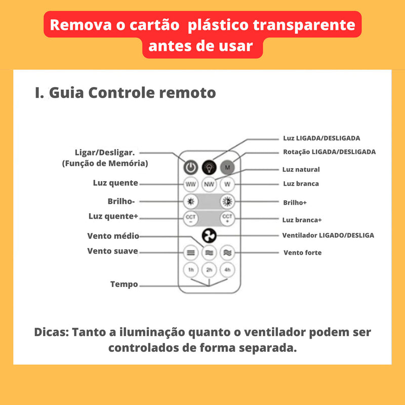 Ventilador de Teto com controle Remoto e 360 ° Rotação